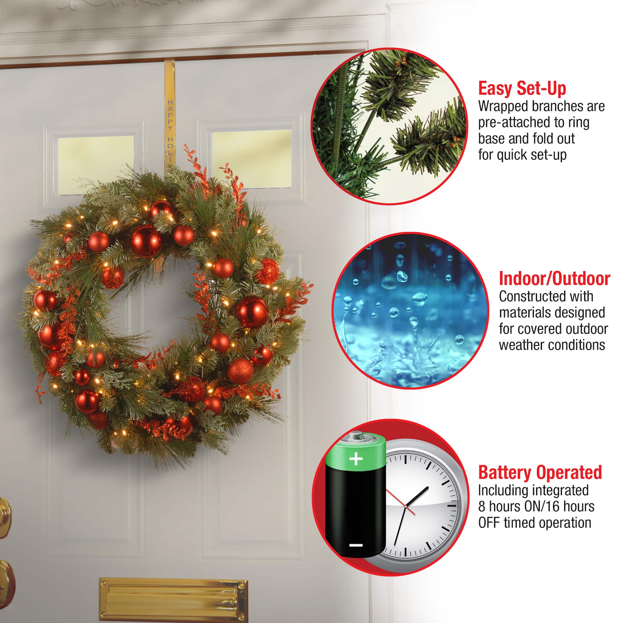 24" Decorative Collection Christmas Red Mixed Wreaths with 50ct. Soft White Battery Operated LED Lights with Timer